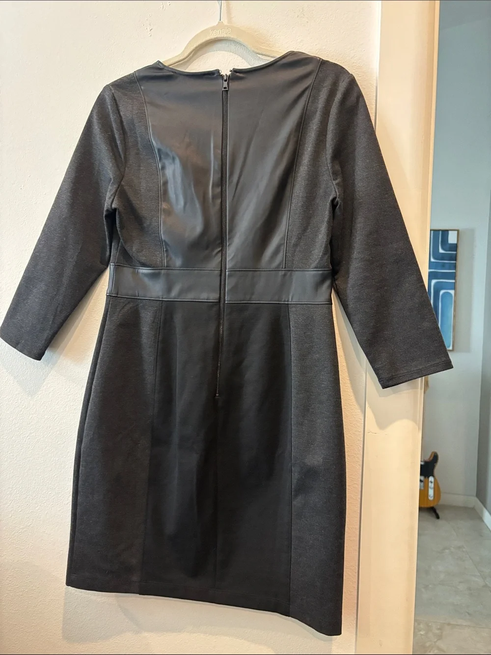 BCBGMaxAzria Black Faux-Leather Paneled Long-Sleeve Sheath Dress Charcoal Medium